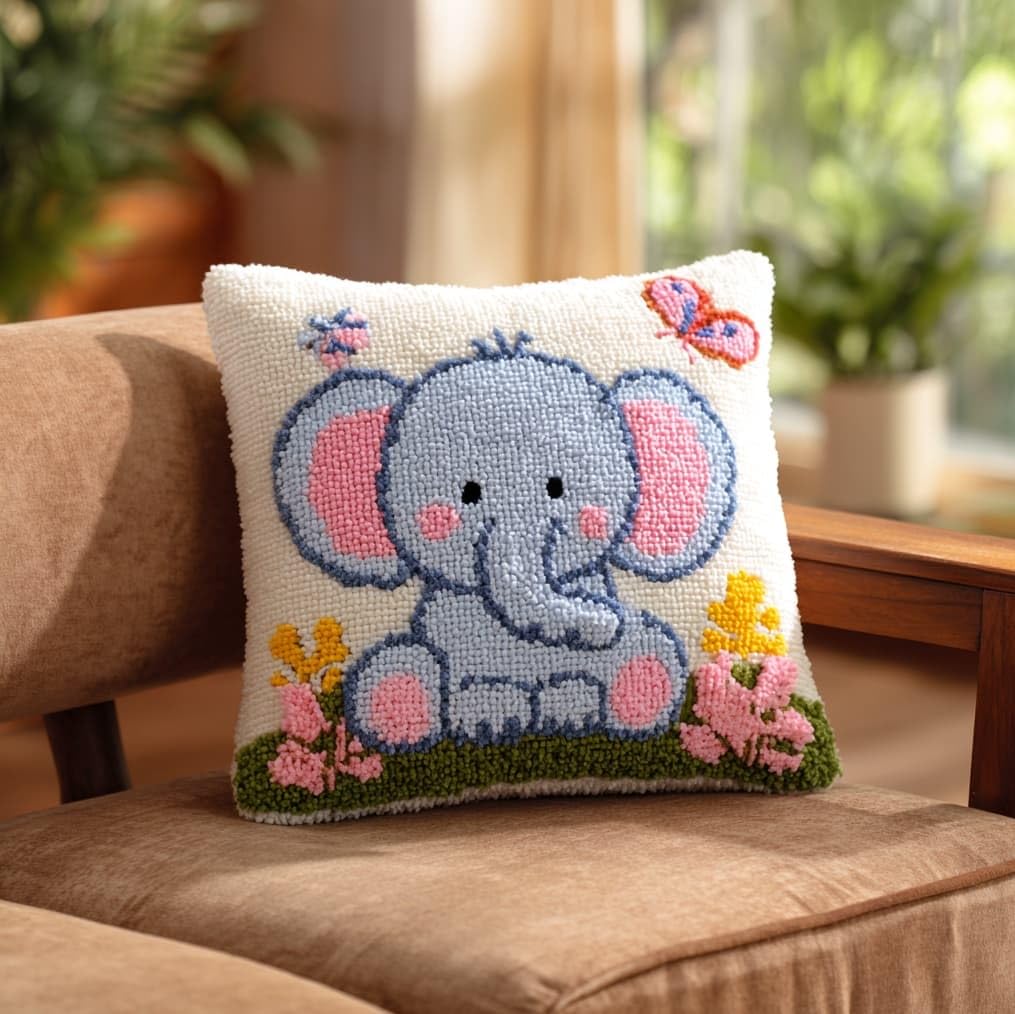 AxiangziK Latch Hook Pillow Kits with Yarn,The Elephant and the Butterfly