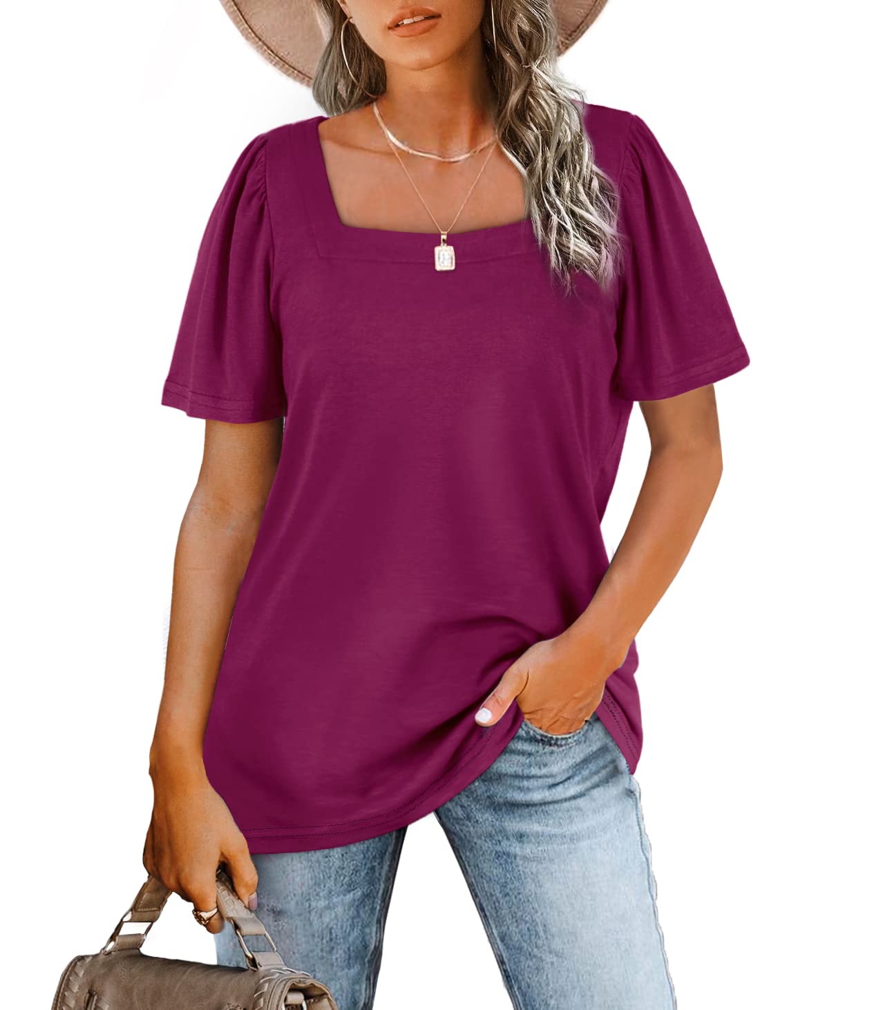 T Shirts for Women Square Neck Tops Ladies Puff Sleeve Summer Casual Tee
