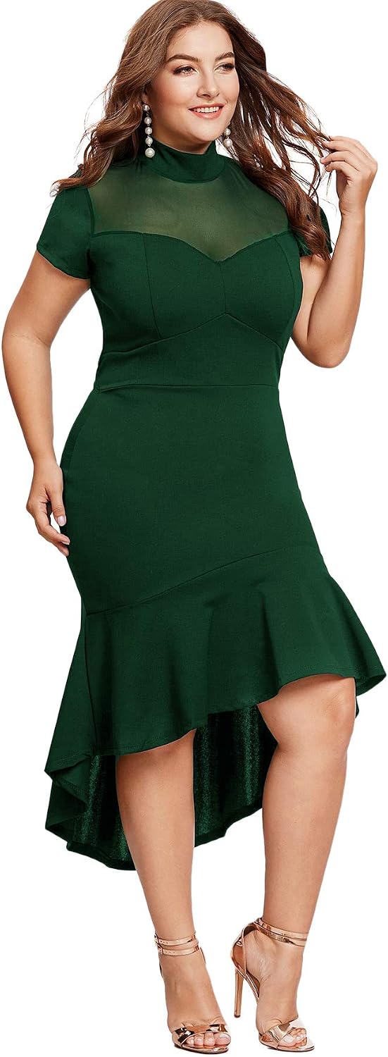 Milumia Women's Plus Size Elegant Mesh Frill Ruffle Round Neck Pencil Party Cocktail Dress