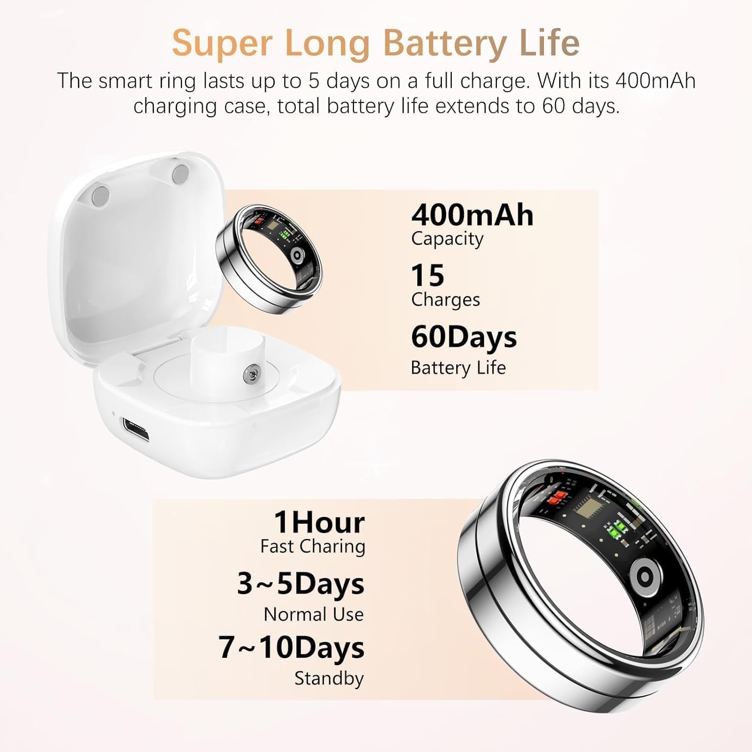Bague de santé intelligente pour homme et femme avec fréquence cardiaque, oxygène dans le sang, HRV, niveau de stress, moniteur de sommeil, suivi de pas, pas de frais d'abonnement, bague intelligente