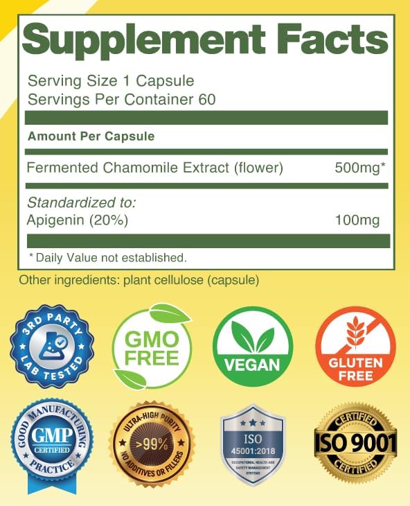 Miniatura 2 de Apigenina  Extracto de manzanilla fermentado  estandarizado a 100 mg de apigenina por cápsula  60 cápsulas veganas (500 mg)