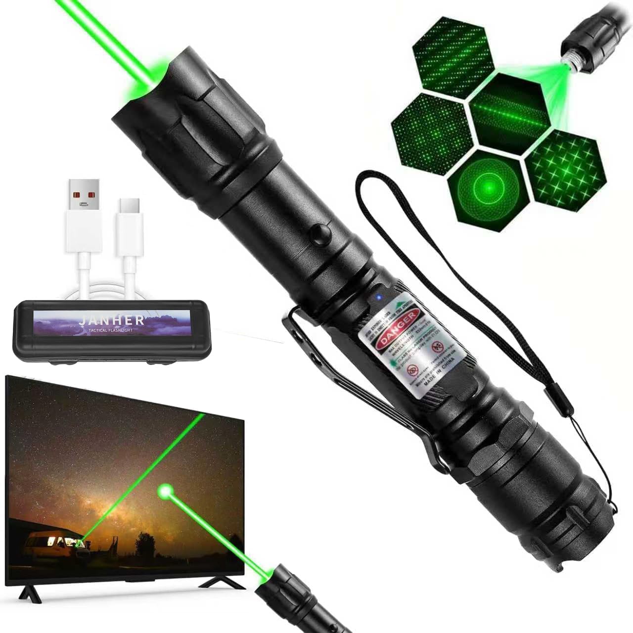 Long Range Green Laser Pointer, Laser Pointer High Power, Green Lazer Pointer Rechargeable for Hiking, Cat Laser Toy USB Charge