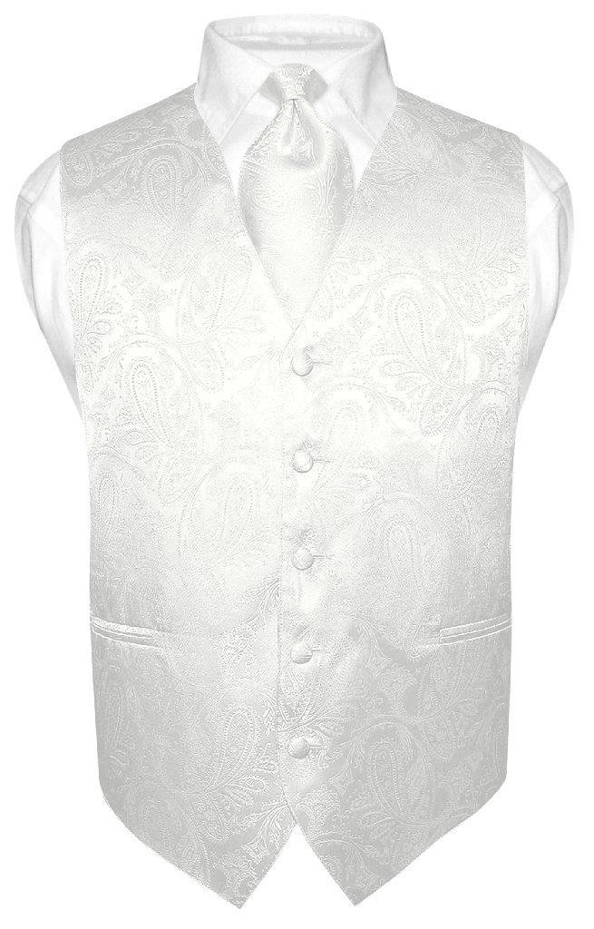 vesuvio napoli Men's Paisley Design Dress Vest & Necktie Off-White Cream Color Neck Tie Set-picture-16