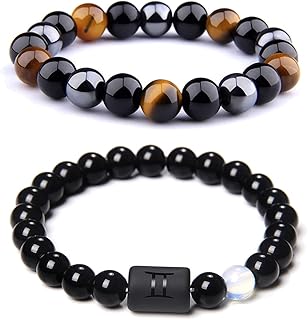 سيانجري 99 اساور زودياك للرجال والنساء 8 ملم من حجر العقيق الاسود الطبيعي والهيماتيت والزجاج البركاني وعين النمر مجموعة مكونة 12 علامة نجمة وكوكبة الابراج سوار يوجا وحجر هيماتايت