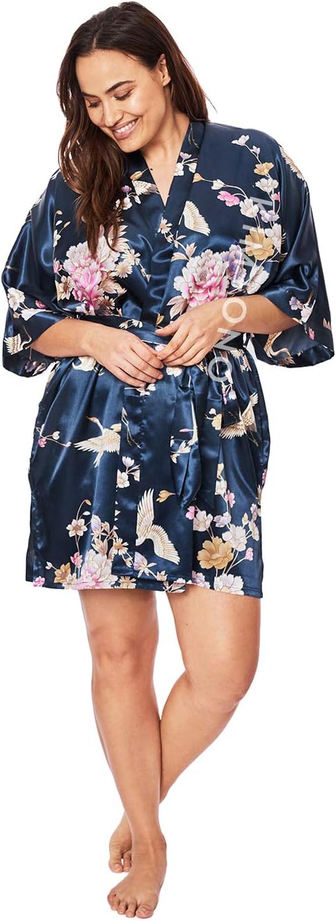 KIM+ONO Plus Size Luxury Kimono Robe for Women | Short Satin Floral Robe | Original Design | Removable Waist Tie Closure
