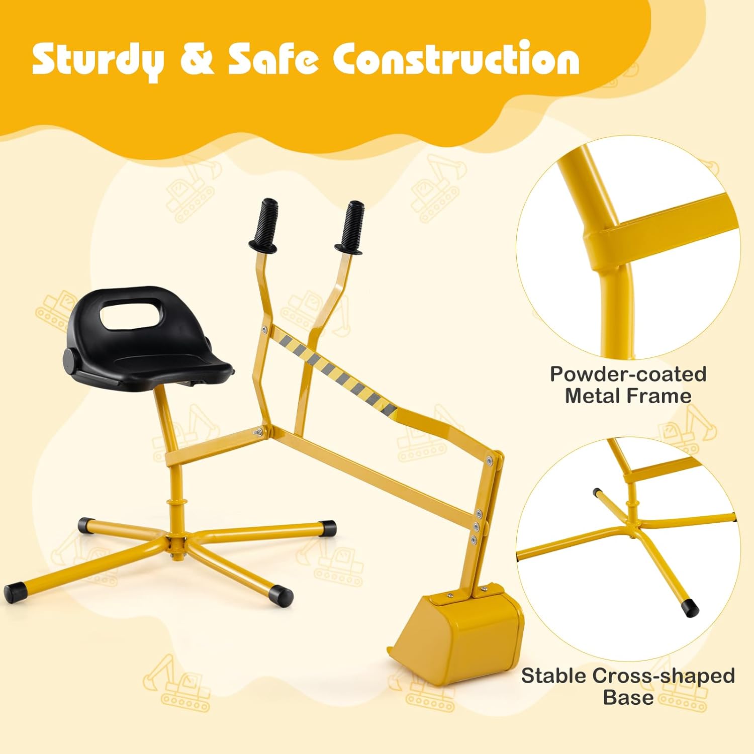 GLACER Sand Digger Excavator for Kids, Heavy Duty Metal Beach Toys Outdoor Sandbox Digger with 360°Rotatable Seat, Flexible Shovel, Excavator Ride on Toy for Sand, Dirt, Snow