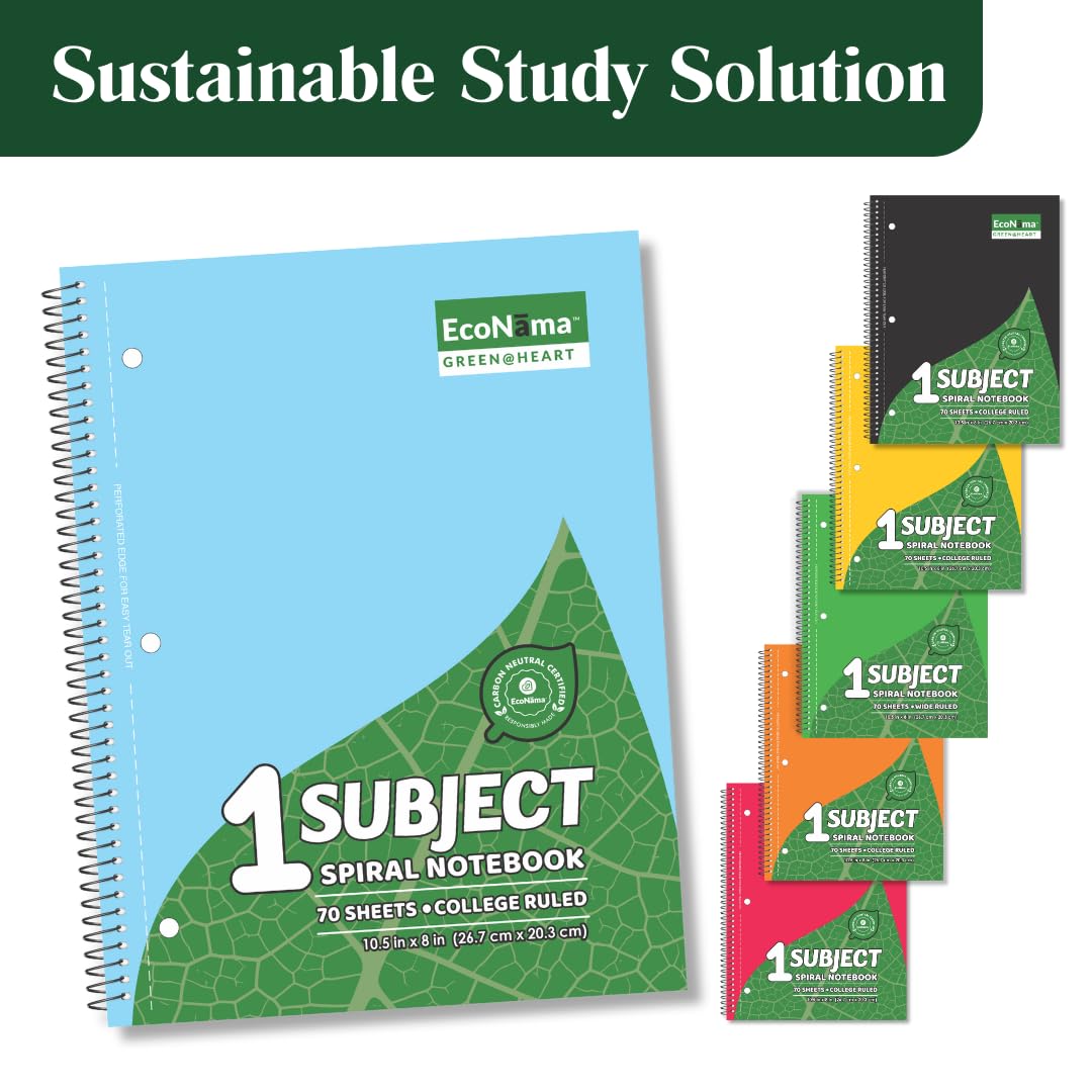 Cuaderno con espiral, rayado universitario, 140 páginas (70 hojas) de 8 x 10.5 pulgadas, carbono perforado neutro, 3 agujeros, ecológico, suministros escolares y de oficina, paquete de 6
