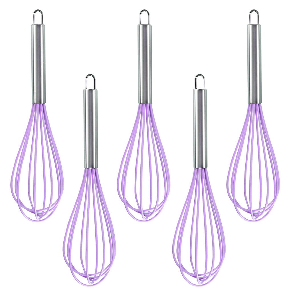 Ousyaah 5-Piece Silicone Whisk Stainless Steel Handle, 10-Inch Kitchen Egg Beater Milk Frothers for Cooking, Classic Mixer Balloon Wire Whisk for Blending, Whisking, Beating and Stirring (Purple)