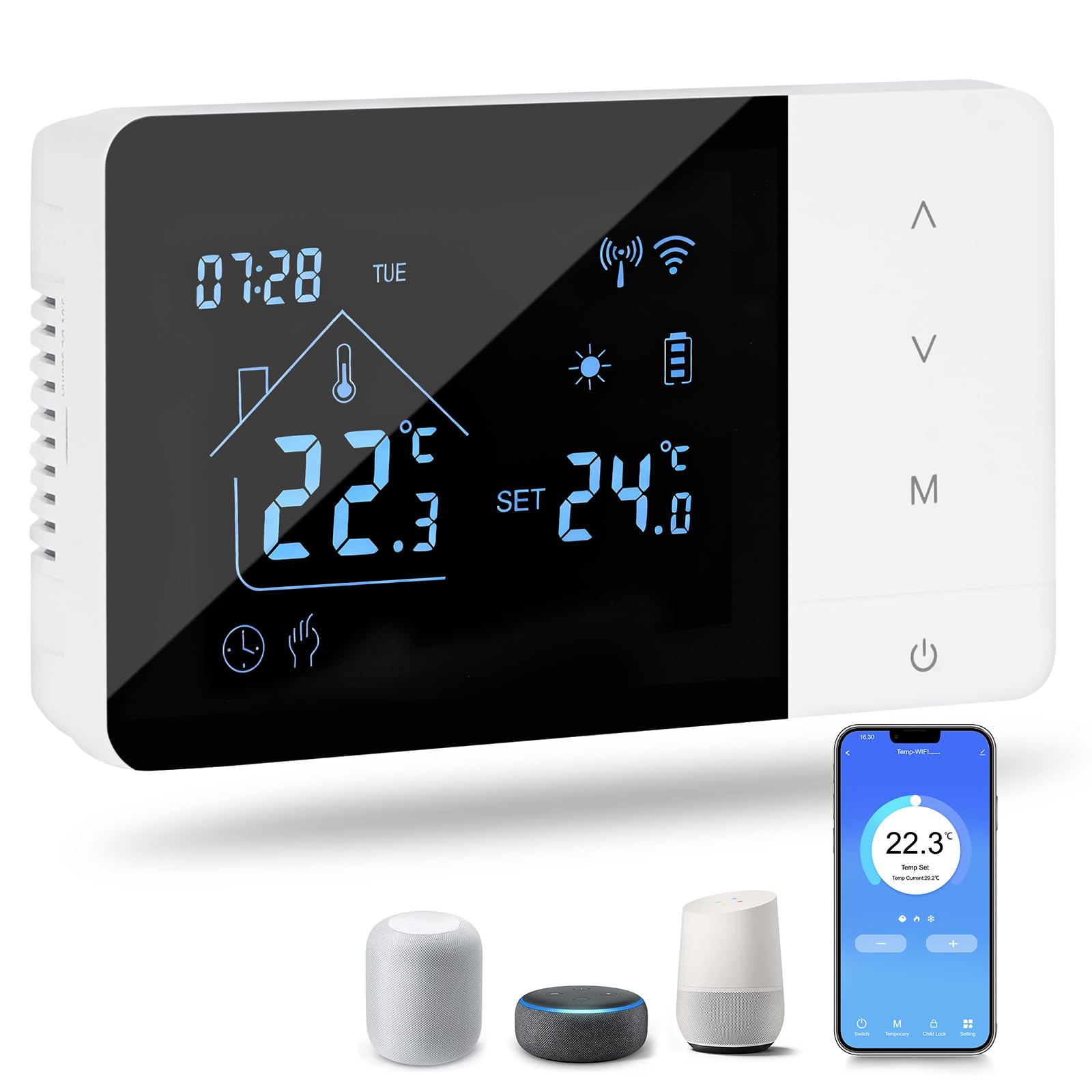 Termostato Caldaia, WIFI Termostato domestico digitale programmabile, Alimentato a batteria, Caldaia 2 fili compatibile con controllo vocale di Google e Alexa