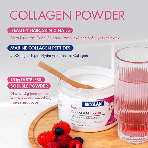 Bioglan Collagen Powder | 5000mg Marine Collagen Powder | Helps Support Healthy Looking Skin, Hair, Nails | Biotin | Vitamin C | Selenium | Hyaluronic Acid | 151g