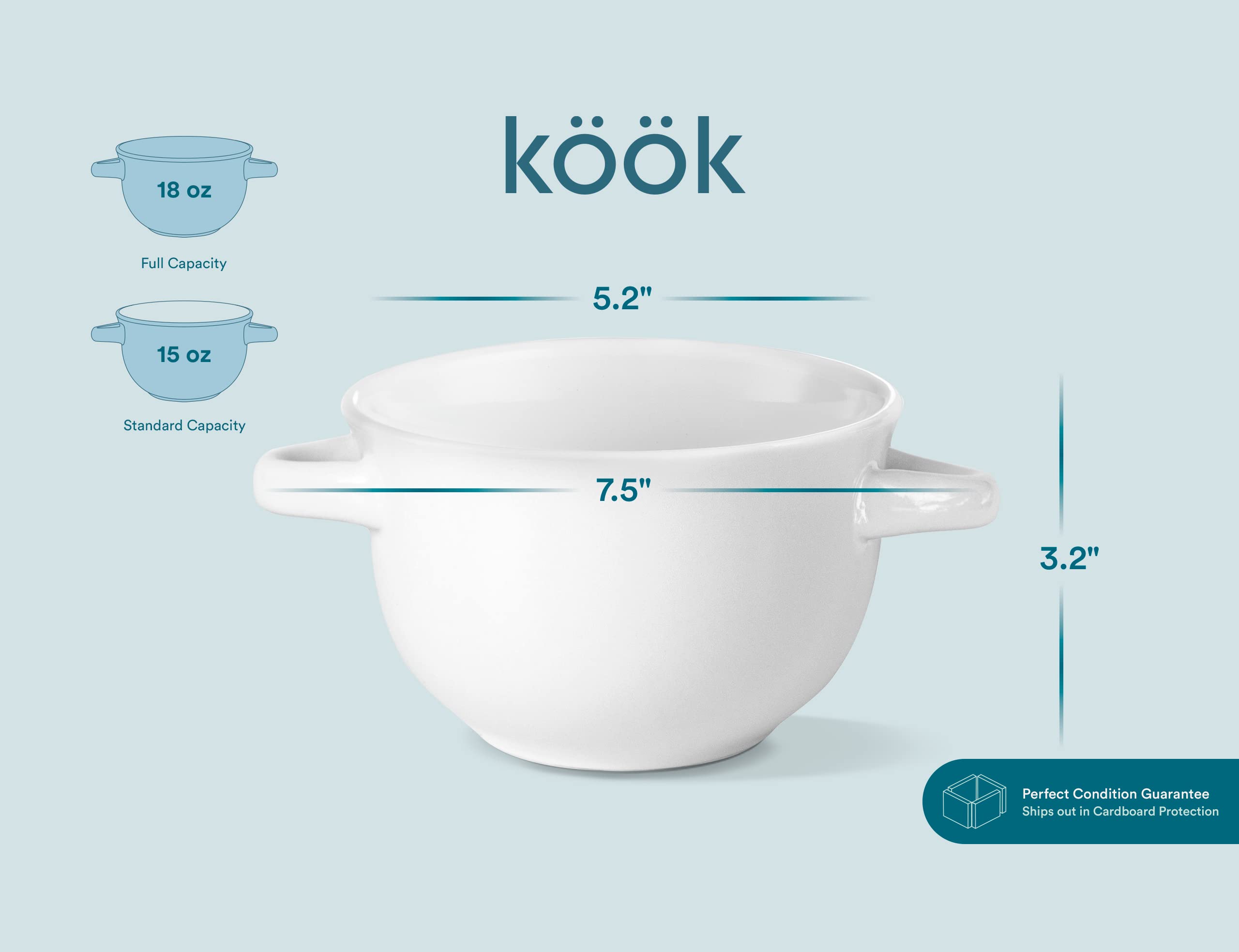 KooK Soup Bowls, French Onion Crocks, Oven Safe Dishware, Mugs, Ceramic Set, Dishwasher, Microwave, Set of 4, 18 oz (White) - Image 3