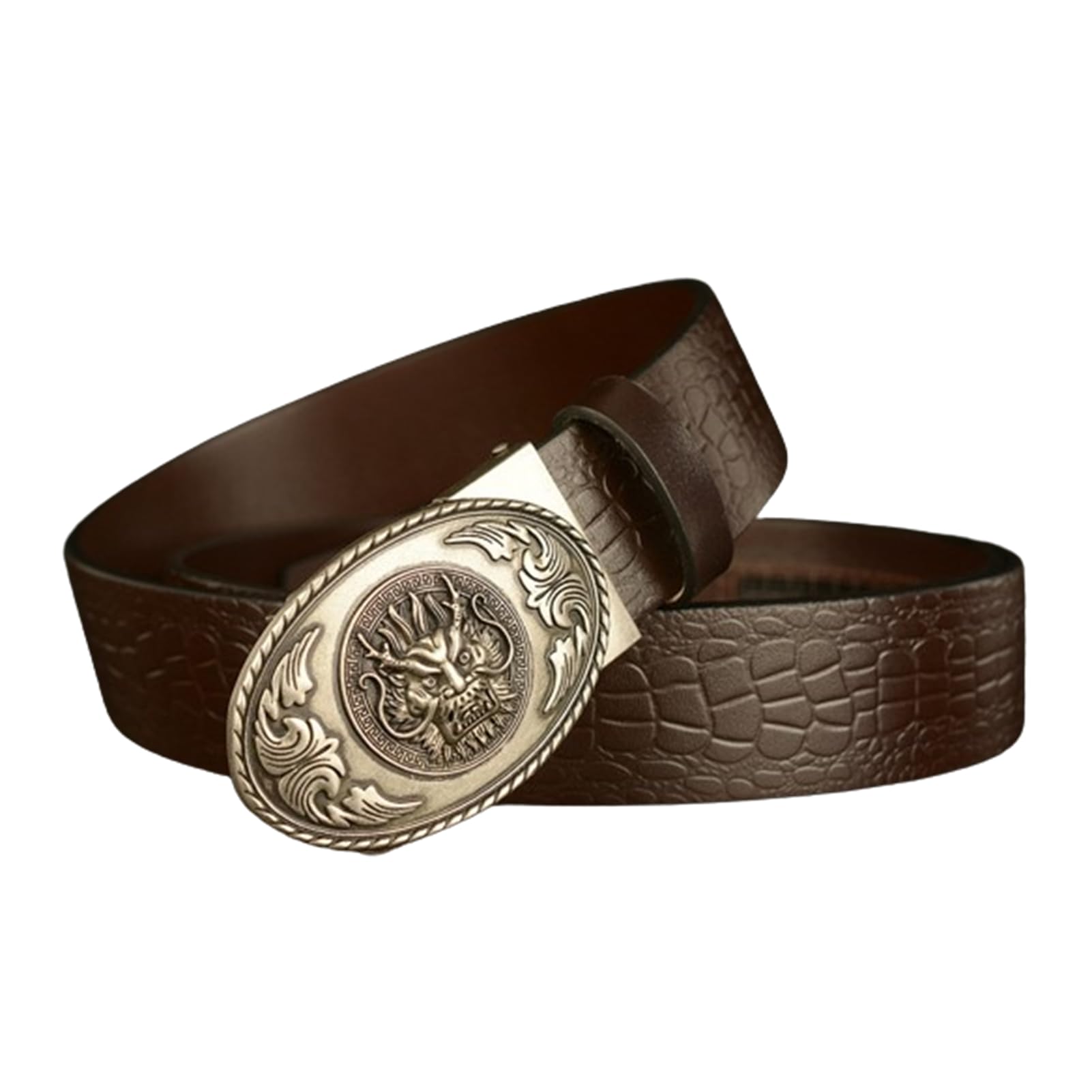 Cinturón De Piel Cocodrilo Con Relieve Trinquete For Hombre, Hebilla Deslizante Automática Cabeza Dragón Plateada