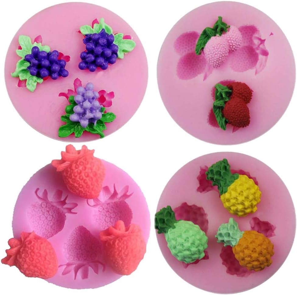 Mini Pineapple Strawberry Grapes Cherry Fruit Silicone Fondant Molds Set for Cake Sugar Craft Decorating Tools Pack of 4pcs Random Color