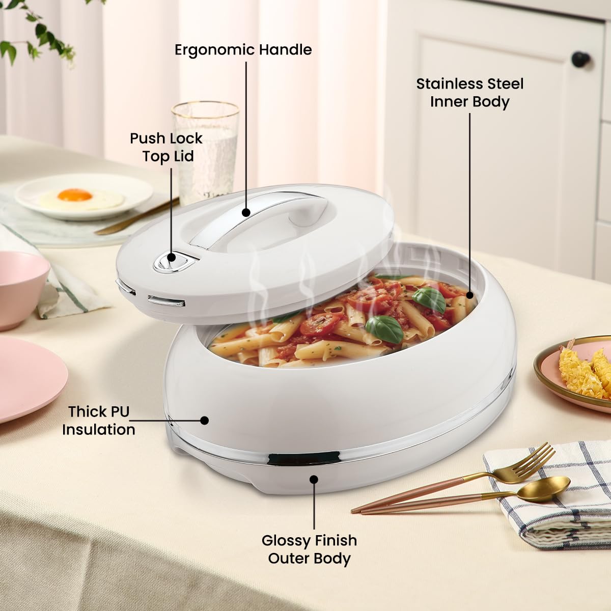 Elegante casseruola ovale isolata grande – coperchio aperto con una mano – 0,9 l – scaldavivande di lusso – ciotola termica per buffet/feste – contenitore per alimenti caldi in acciaio inox – argento