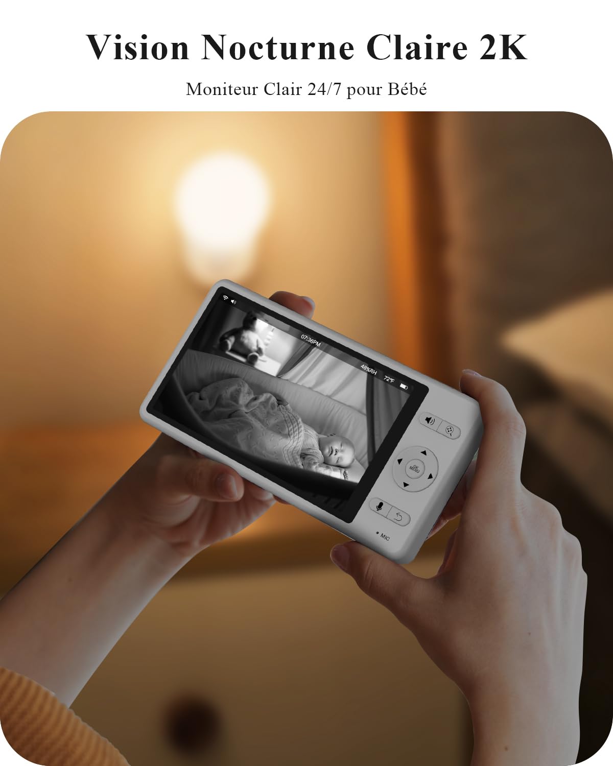 WUUK 2K/3MP 5.5'' Babyphone Caméra, Vidéo Bébé Surveillance 360° PTZ avec APP, Alerte des Mouvements/Crier/Température et d'humidité, Vision Nocturne Ultra HD, Batterie 3700mAh, Ultra Grand Angle 135°