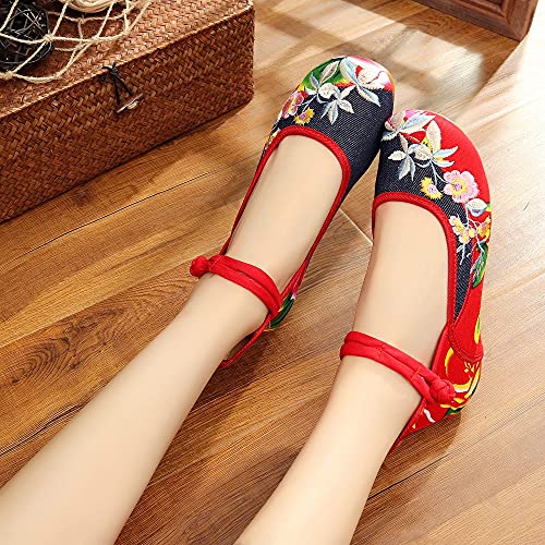 Chinese Women Flats Shoes Casual Chinese Embroidered Cloth Denim Canvas Drive Shoes Woman (Color : Red, Size : 10 Code) (Red 12 Code)3