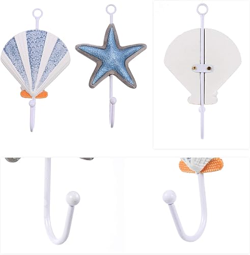 Miniatura 7 de Cabilock 2 ganchos de pared mediterráneos de resina para colgar en la pared, ganchos decorativos para toallas con diseño de concha de estrella,