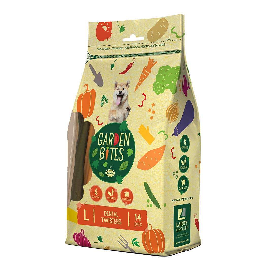 Duvo+ Garden Bites Dental Twisters - Snacks Vegetarianos para Perros - Sin Gluten - Aperitivos para Perros - Sabor Boniato - Alimento Rico en Vitaminas, Calcio y Hierro - Pack de 420g y 14 Uds