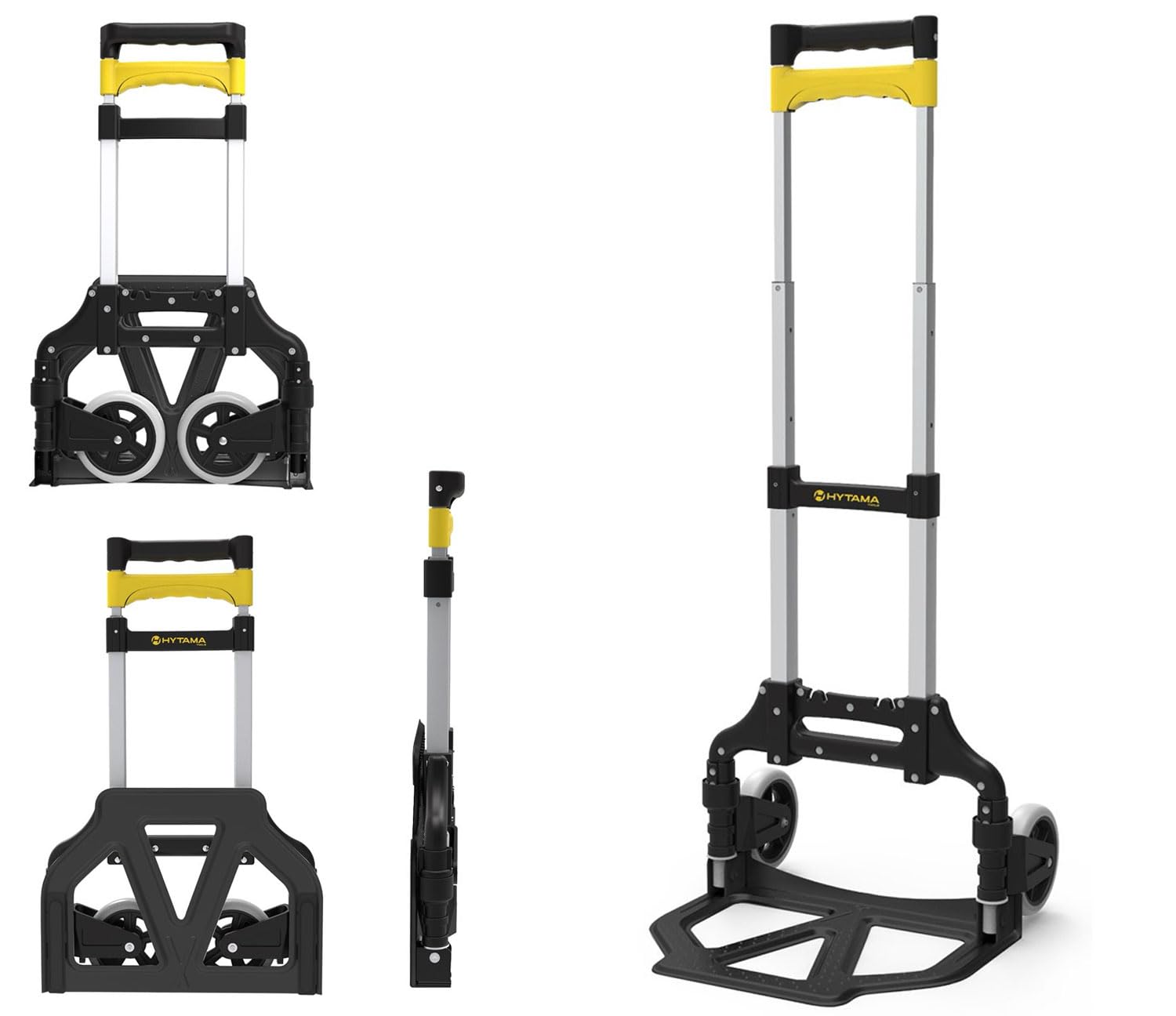 Hytama FOLD Shop Aluminium Transportkarre klappbar - Langer Teleskopgriff 100 cm - Ladefläche mit Anti-Rutsch-Pads - Leichtgängige Räder mit Soft-Laufflächen - inkl. 1 Expanderseilen