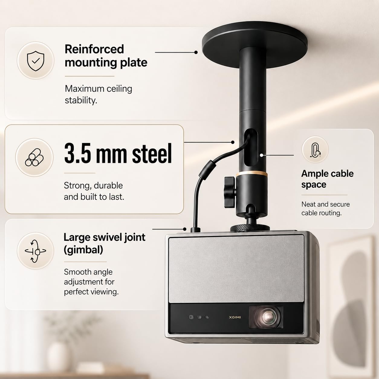 Soporte de techo y pared para proyector – Soporte universal, carga 10 kg, ajustable 15-45 cm, rosca 1/4", aluminio Al6063, rotación 360°, cable oculto