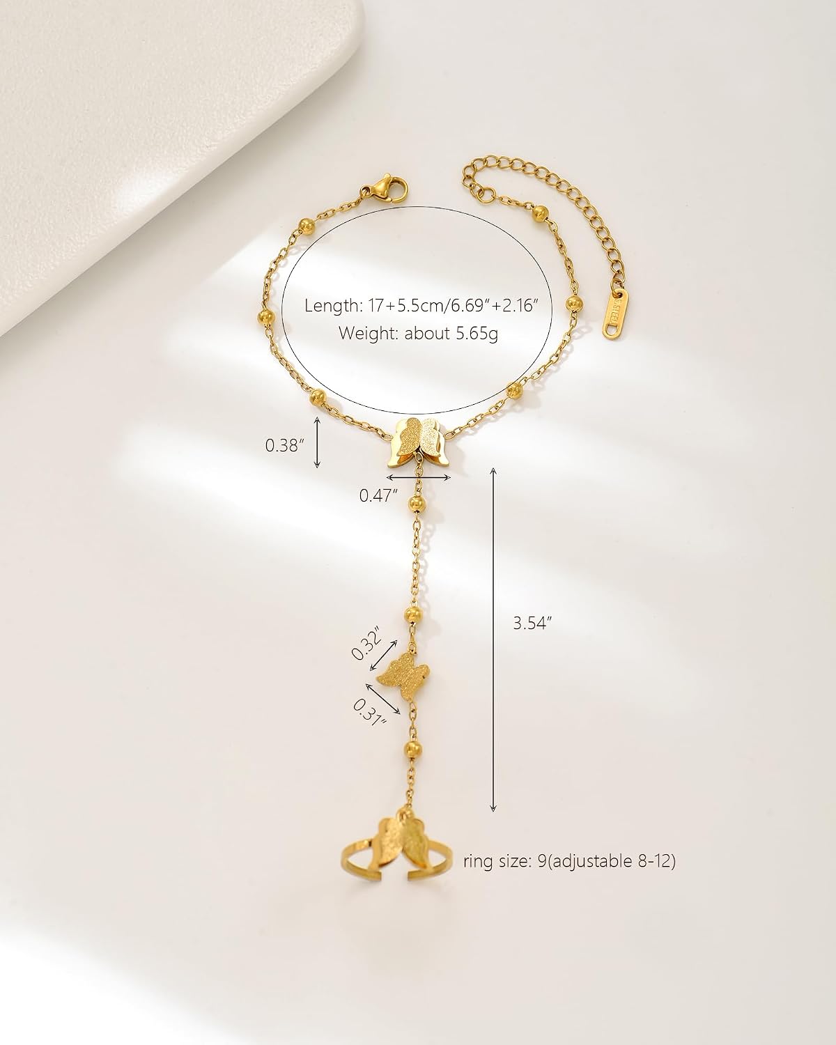LOVECOM 14K Gold Plated Butterfly Hand Chain Bracelet for Women Stainless Steel Non Tarnish Hand Chain Bracelet with Adjustable Finger Ring Chain Trendy Butterfly Accessories Jewelry Gifts