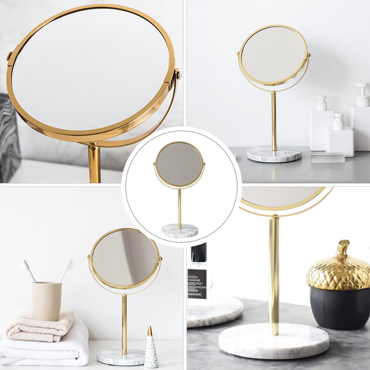 Specchio Cosmetico da Tavolo Rotante, Base Marmo Oro, Stile Nordico