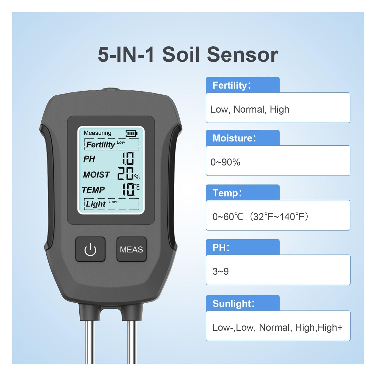 Tester del suolo 5 in 1 for PH Umidità Fertilità Temperatura Luce solare, Analizzatore analogico da giardino