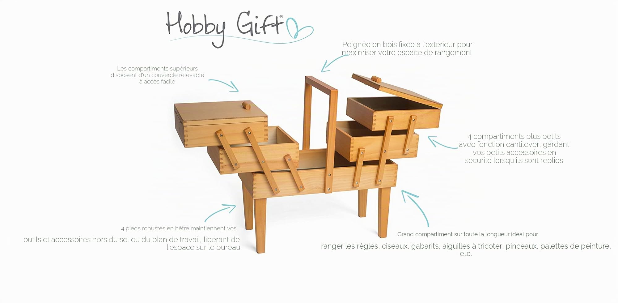 Hobby Gift Boîte de Rangement en Bois Cantilever pour Couture, Loisirs Créatifs, 3 Niveaux avec Pieds, 21,2 x 41,9 x 44,7 cm, Abat-jour