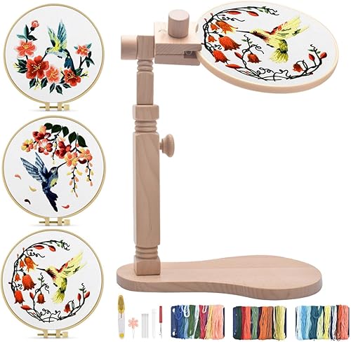 TINDTOP Soporte de aro de bordado de madera de haya, con 3 juegos de kit de bordado de colibrí para adultos, soporte de aro de bordado de madera