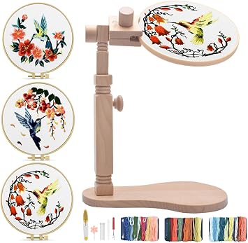TINDTOP Beech Wood Embroidery Hoop Stand, with Hummingbird Embroidery | 3 Sets Embroidery Kit & Adjustable Rotated Wooden Embroidery Hoop Holder for Cross Stitch and Embroidery Projects
