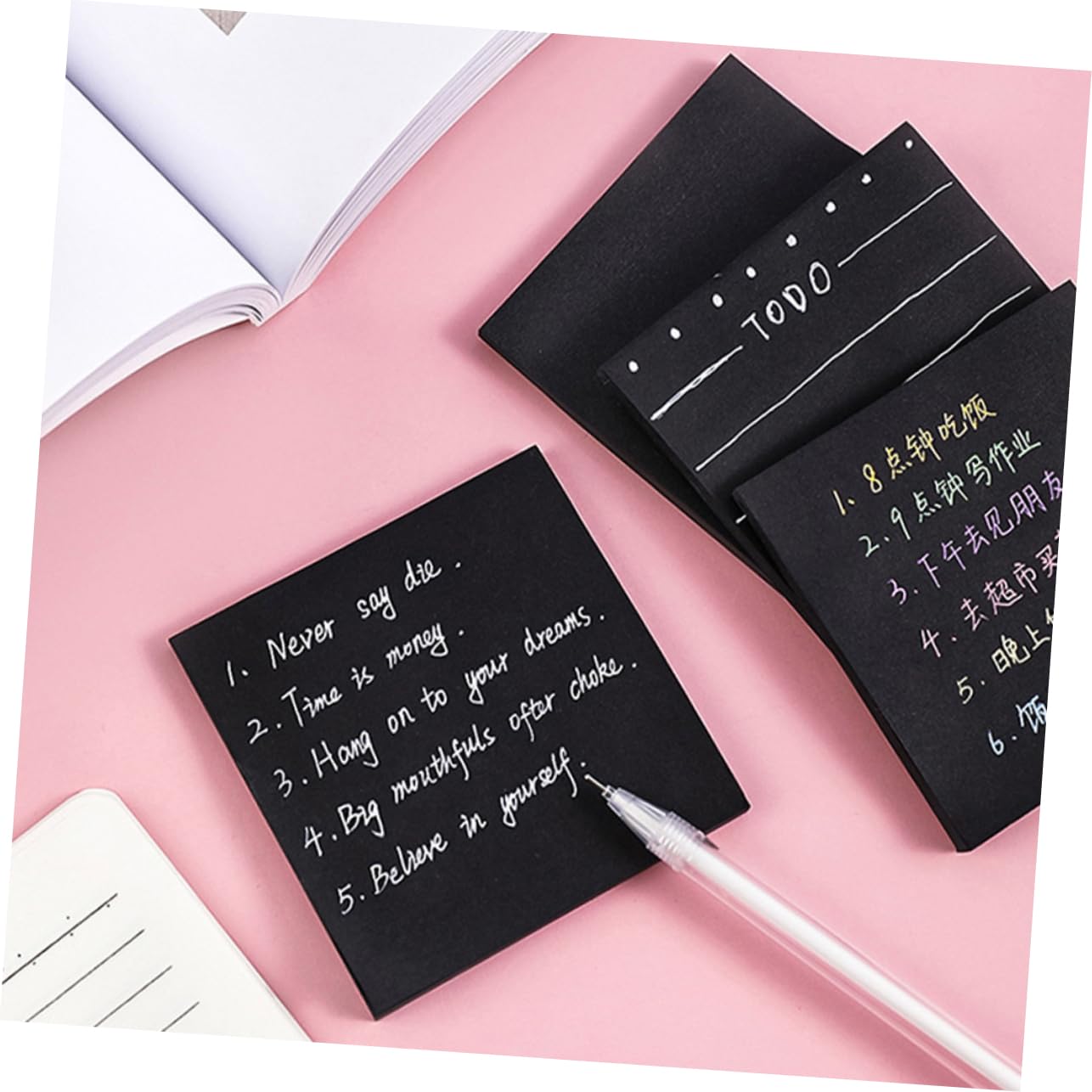 NUOBESTY 4 Ensembles Notes Autocollantes Noires Tableau Surligneurs Ruban Auto-adhésif Agrafe Papeterie Sortie Pastel Transparent Crochet Bande Papier Black 8 Pièces * 4