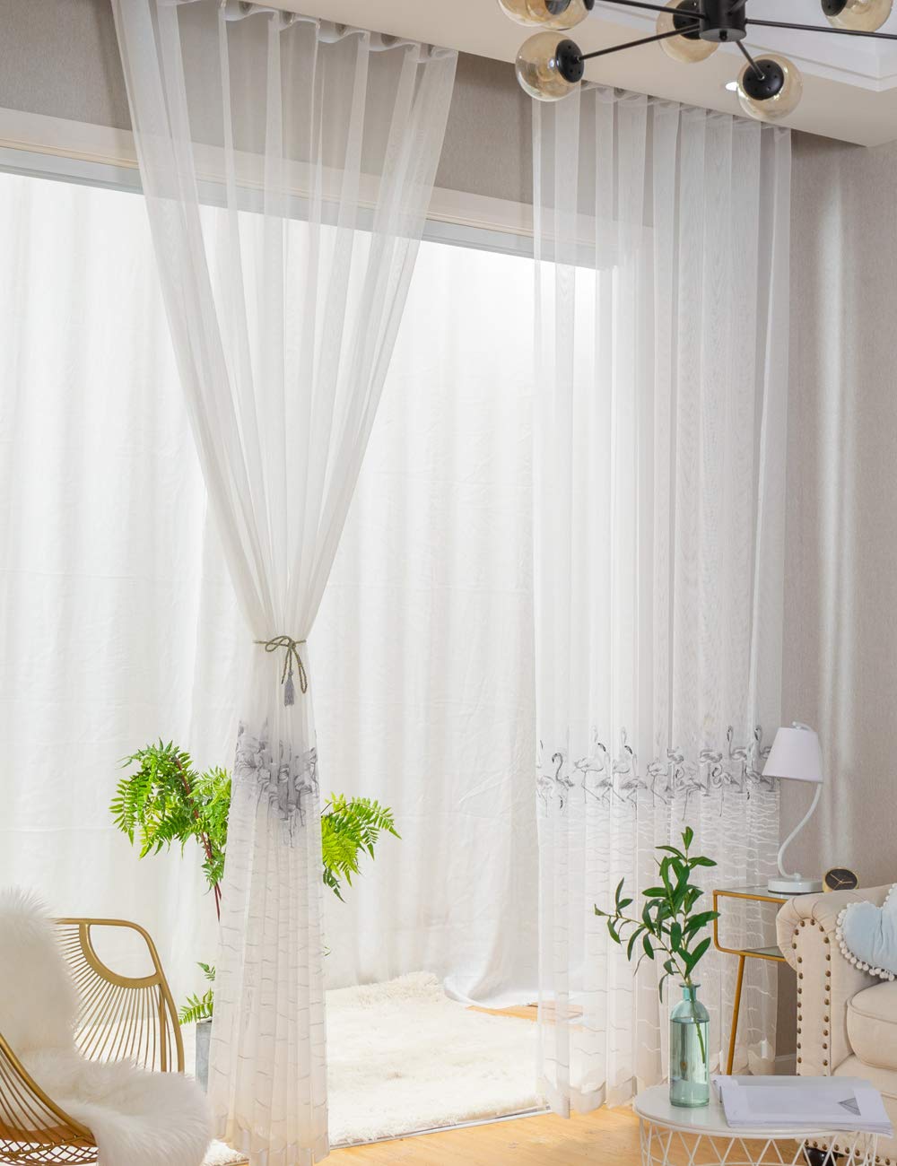 Lactraum - Tenda per cameretta Bambina, in Voile con Ricamo in Stile Fenicottero, Colore: Bianco Trasparente, Weiß Flamingo mit Ösen, 300 x 245 cm