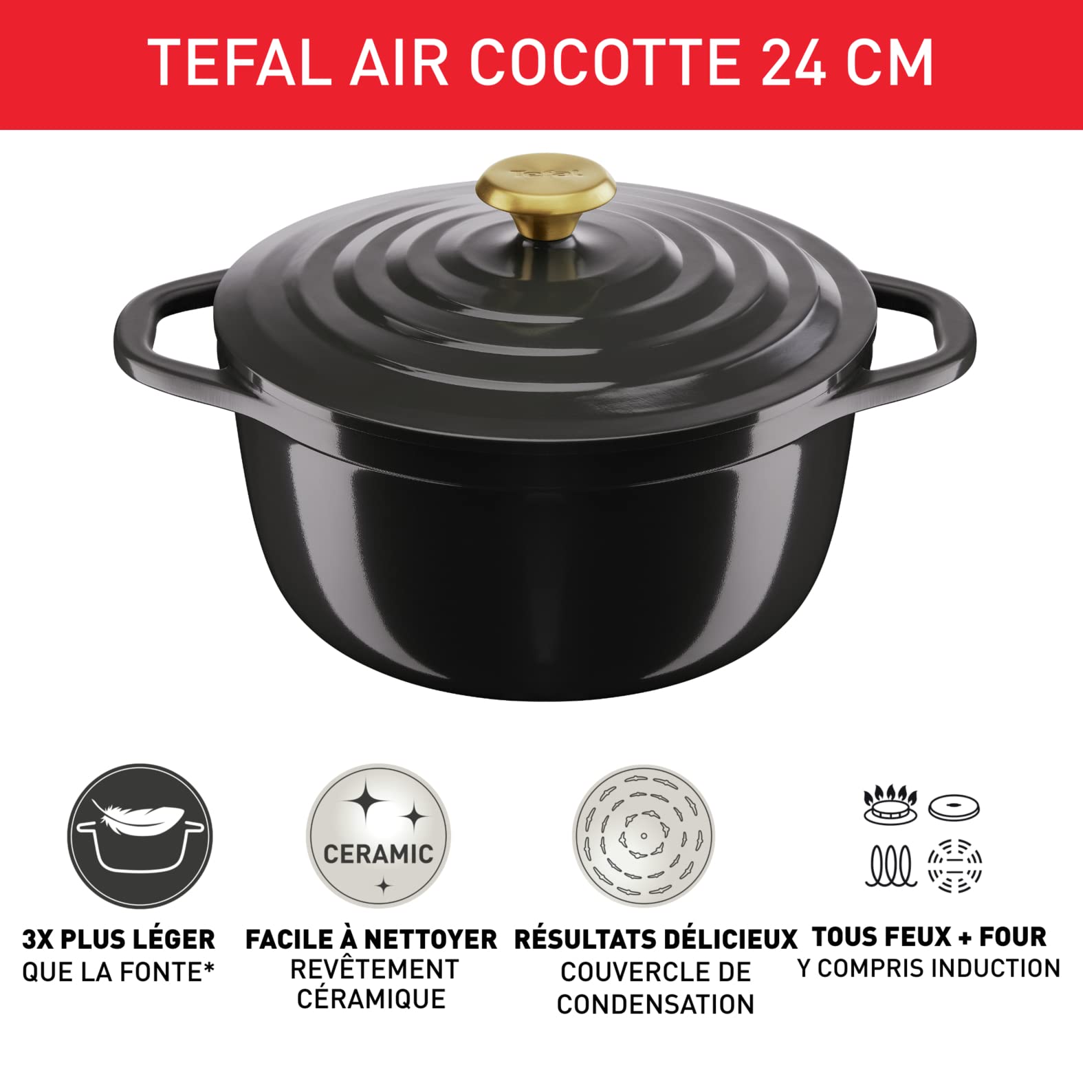 Tefal - Air Cocotte ronde 4 Fonte d'aluminium - 24 cm - 7 L - Gris