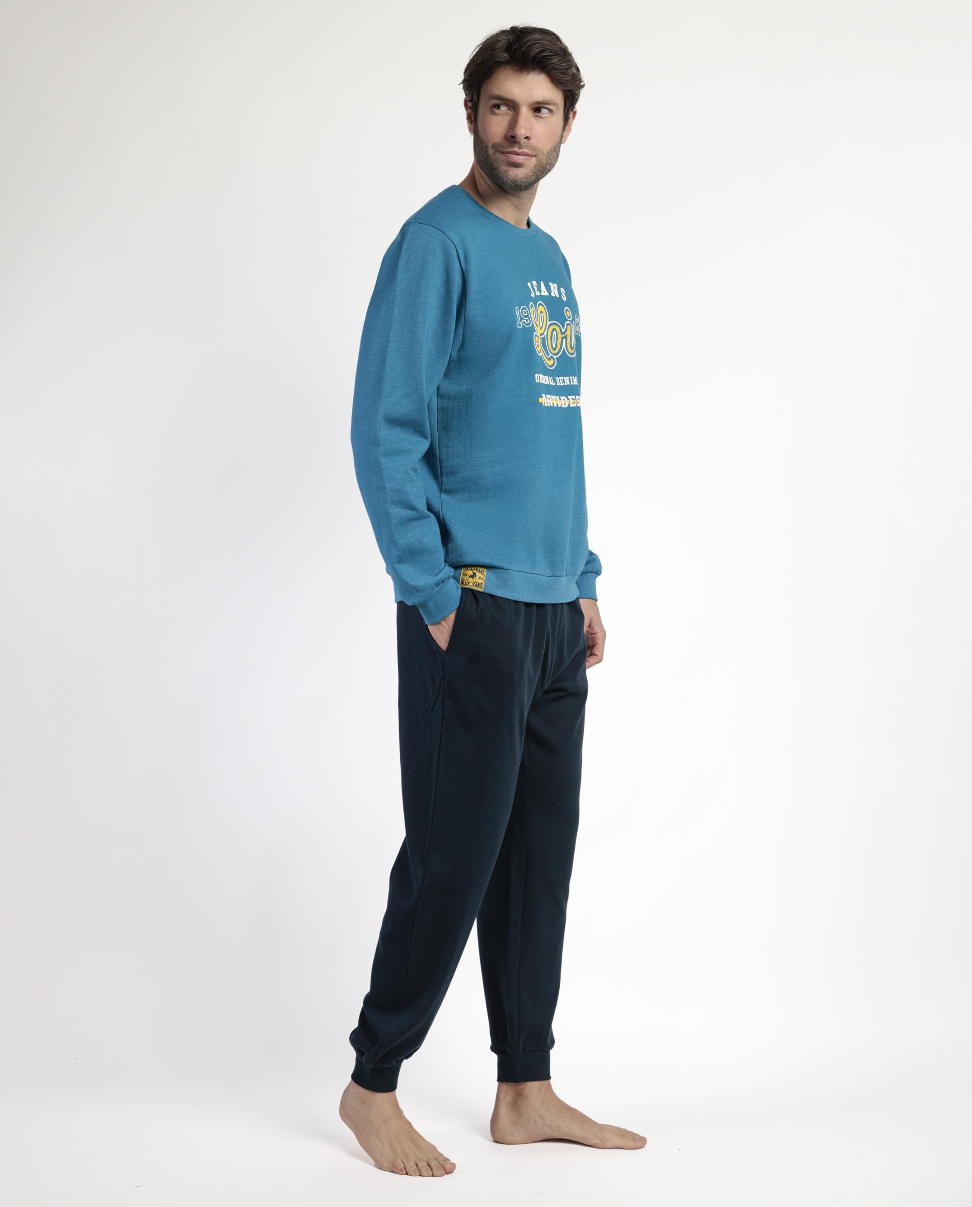 Lois Pijama Hombre Invierno 60% algodón, 40% poliéster, 100% algodón – Pijama de Hombre Camiseta de Manga Larga Neppy, pantalón Largo Cintura Ajustable, con puños y Bolsillos, Color Azul, Talla XXL