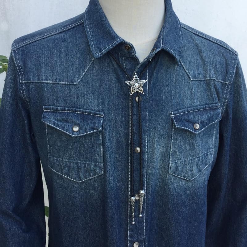 Western Sheriff Star Bolo Tie for Men, Five-Pointed Badge, Brass Tone Cowboy Faux Leather Cord Necktie Accessory