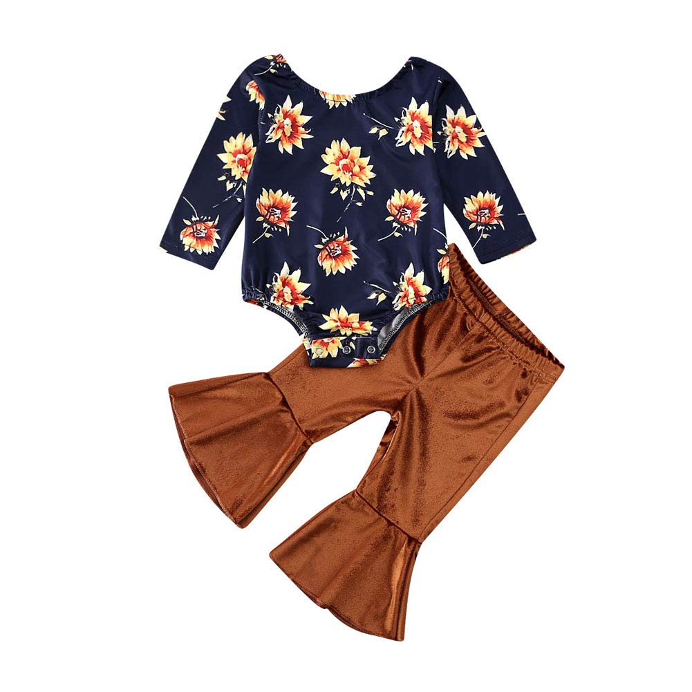 Newborn Toddler Baby Girl Long Sleeve Floral Romper Bodysuit Bell Bottom Flare Pant 2Pcs Clothes Outfit Set (Brown,12-18 Months)