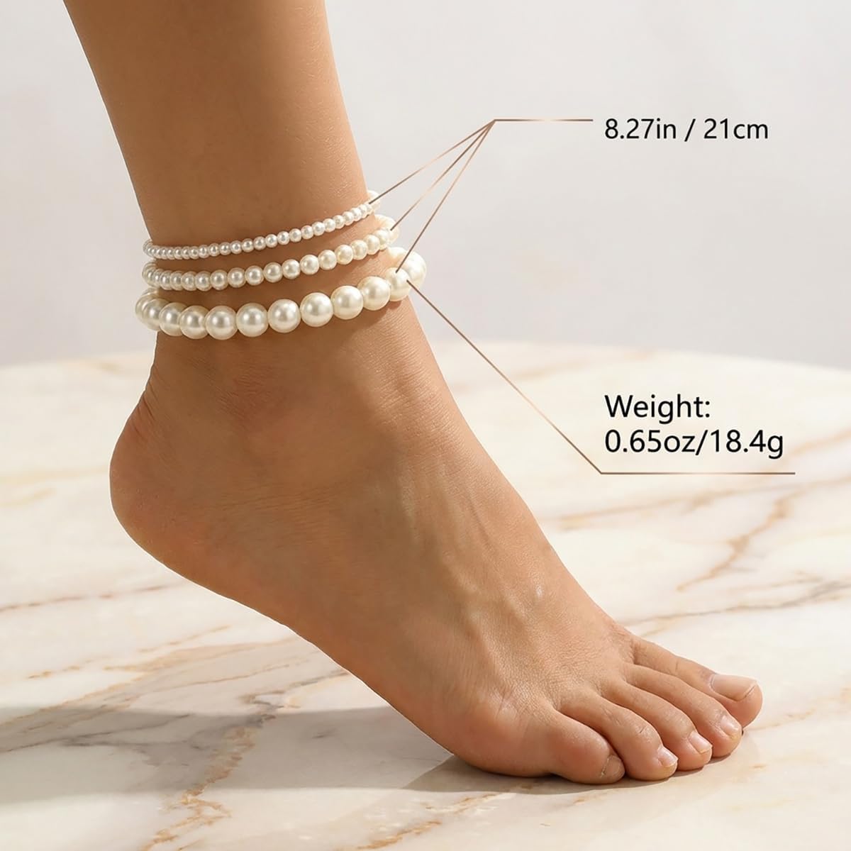 3 Layered Pearl Anklet Chain Set for Women Dainty White Stretch Pearl Beaded Ankle Bracelets Chain Vintage Stacked Pearls Anklets Chains Elegant Summer Beach Fashion Jewelry Accessaries