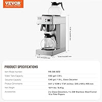 Vista 7 de VEVOR Cafetera de goteo comercial de 12 tazas, cafetera con 2 jarras de vidrio y 2 platos calentadores, cafetera de acero inoxidable