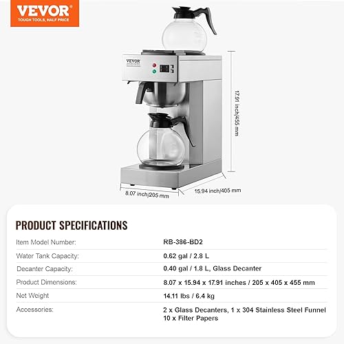 Miniatura 7 de VEVOR Cafetera de goteo comercial de 12 tazas, cafetera con 2 jarras de vidrio y 2 platos calentadores, cafetera de acero inoxidable para