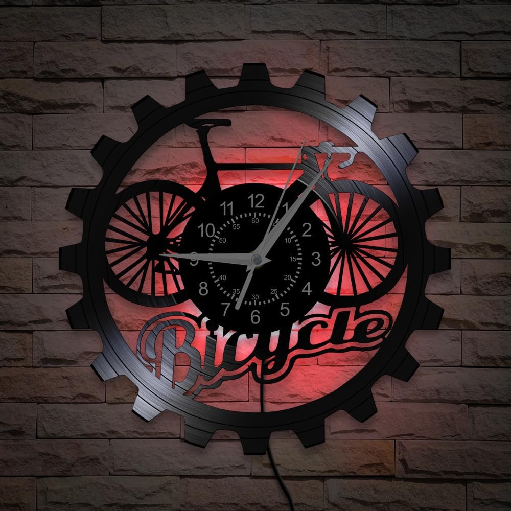 12 Inch Bicycle Wall Clock 7 Color Changing, Bike Cycling LED Wall Clock Night Light Silent Non Ticking Battery Operated Modern Decorative Wall Watch Clock for Boys Room Bike Shop Bikers Gift