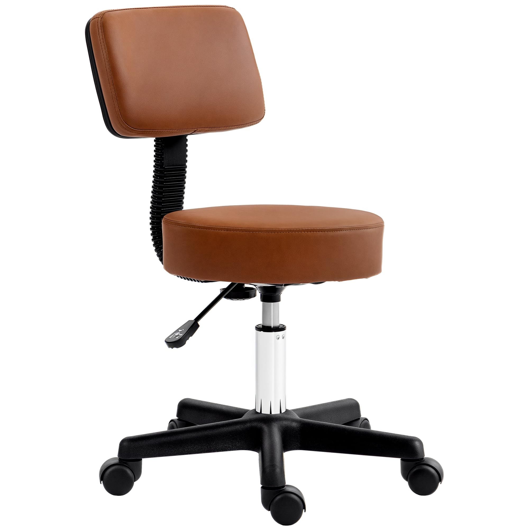 HOMCOM Silla giratoria de peluquería con asiento acolchado 48cm Marrón | 5 ruedas, altura ajustable, peluqueros, tatuaje, spa, cojín rodante, profesional
