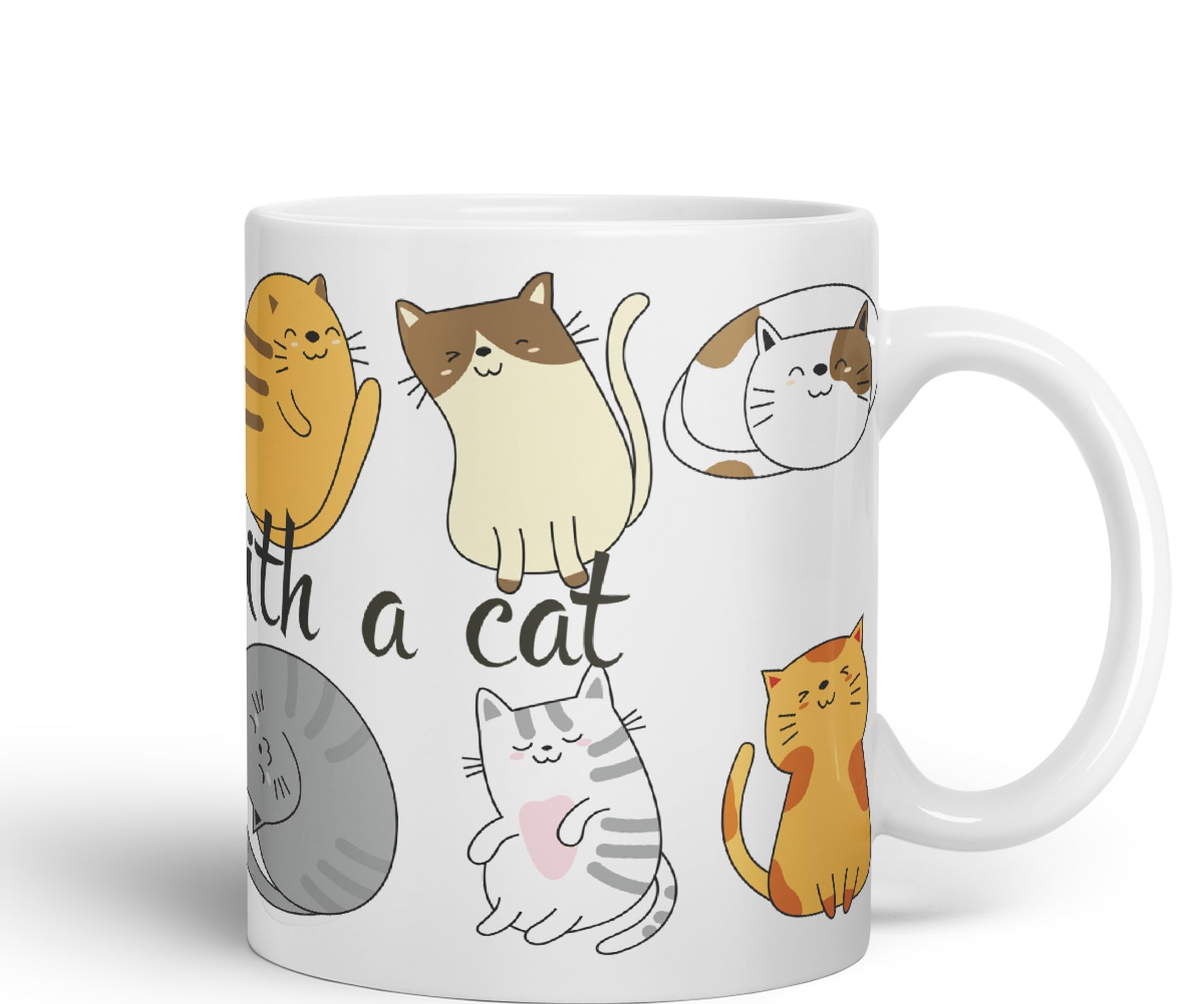 Vixar Life is Better with a cat Ceramic Coloured Mug Cup Gift Tea Coffee Christmas Office Home Cat Lovers (White) - Image 2