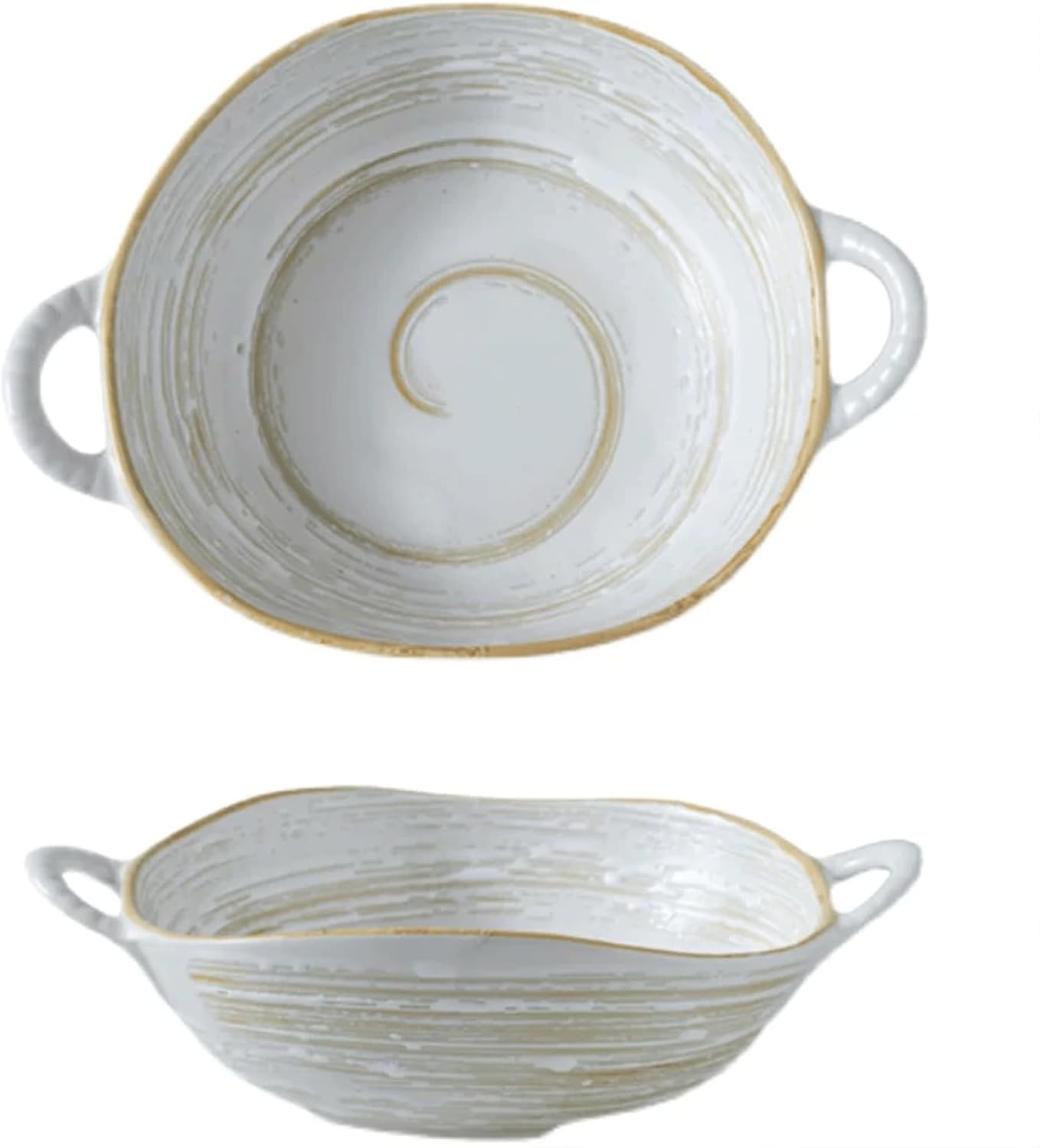 Handcrafted Ceramic Bowl with Handles – 7.7” Free-Form Edge Irregular Bowl Opening, Embossed Spiral Pattern, 700ml – Multipurpose Serving & Decor – Oven, Microwave, Dishwasher Safe