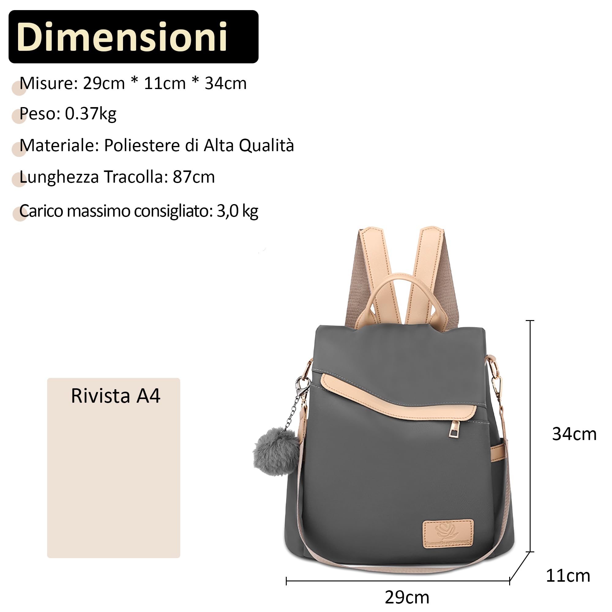 Zaino Antifurto Donna, Zainetto Piccolo Impermeabile Leggero con Tasca Posteriore di Sicurezza — Borsa Zaino Donna Casual per Lavoro, Viaggio e Quotidiano Grigio