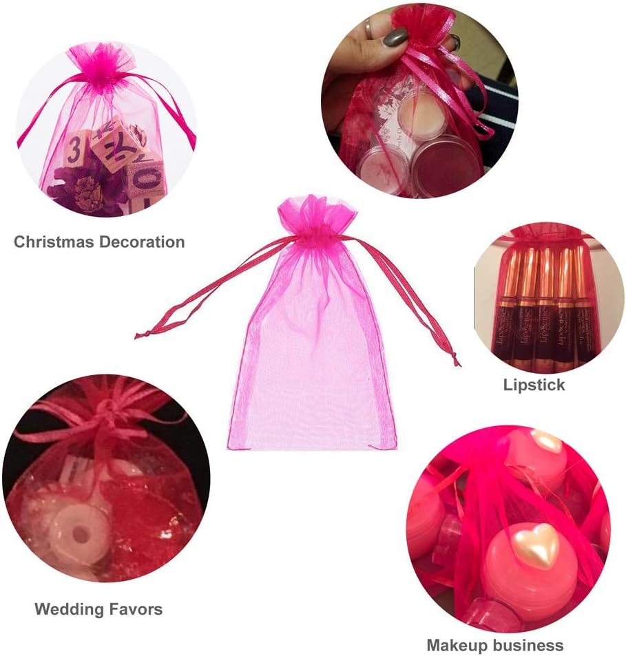 🔥 Crazy Deals 100PCS 5x7 inches Drawstring Organza Bags, Gift Favor Bags, Hot Pink Jewelry Pouches, for Wedding Party Christmas