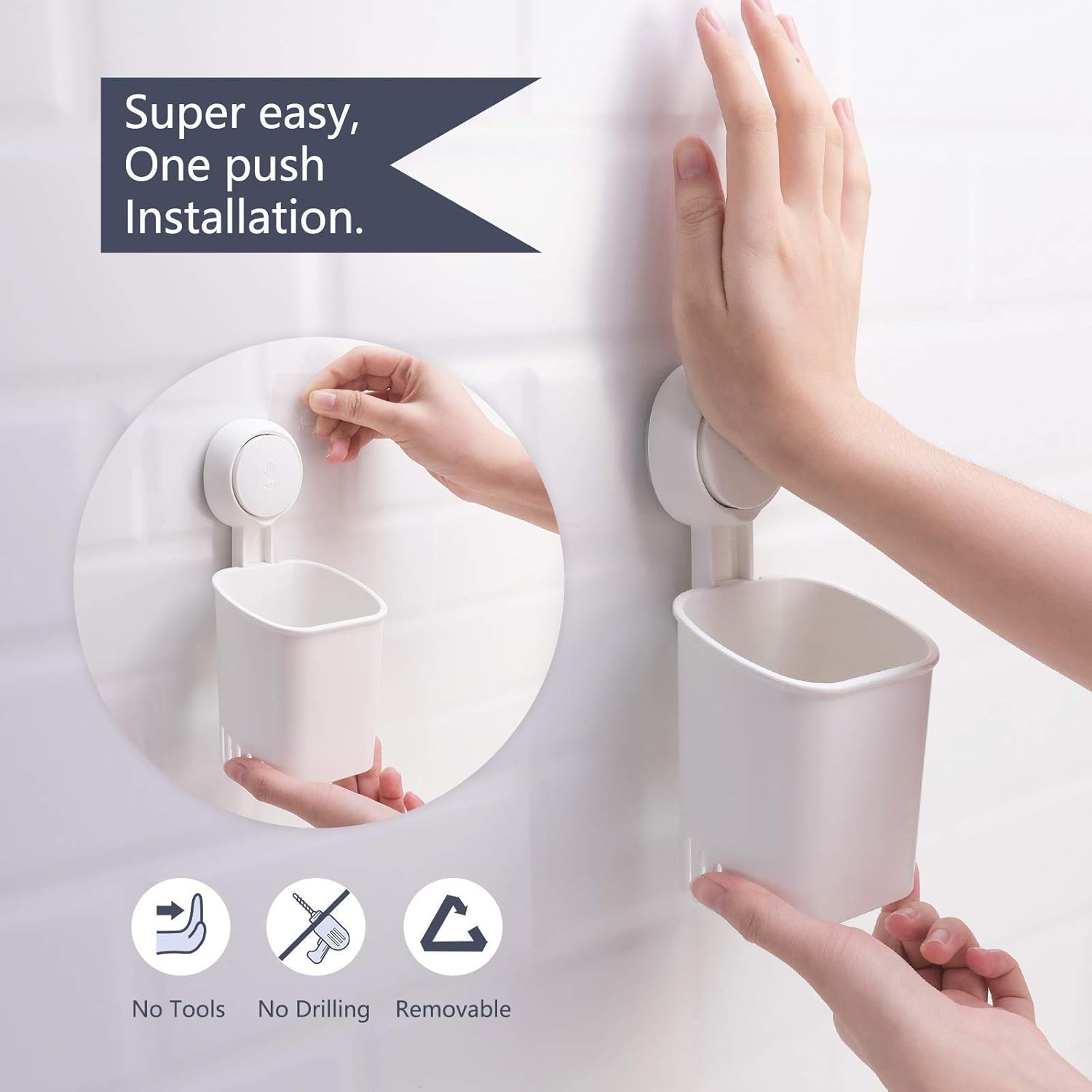 Bathroom & Kitchen Suction Cup Storage Basket Set Pack of 2 Wall Mounted Organizer for Toothbrush, Toothpaste, Soap, Shower Caddy Drill-Free with Vacuum Suction Cup for Kitchen & Bathroom