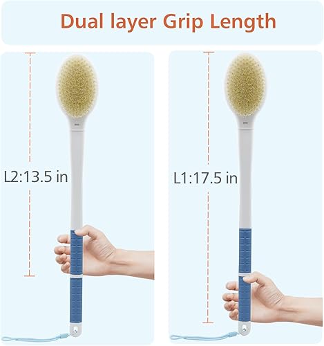 Miniatura 5 de Cepillo de ducha con cerdas suaves y rígidas, mango largo de 18.5" de doble cara, cepillo de baño para la espalda, exfoliador corporal para