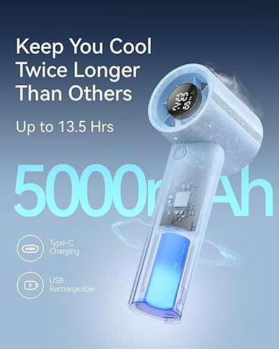 Miniatura 5 de Ventilador de mano portátil, velocidad (1-199) Potente mini ventilador turbo, motor de alta velocidad de 30000 RPM tiempo de enfriamiento máximo de