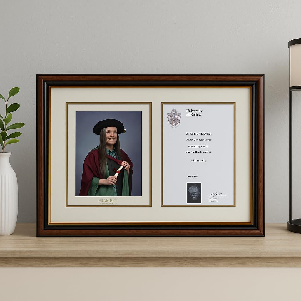 35mm Walnut and Gold Double Aperture Graduation and Certificate frame. (Walnut & Gold, A4 Photograph and A4 Certificate)