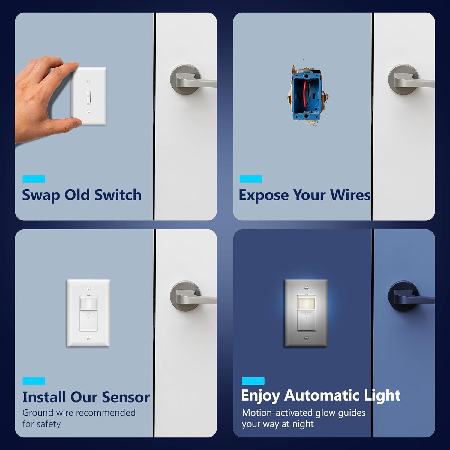 LIDER PIR - Interruptor de sensor de movimiento de vacante con luz guía LED, cobertura de 1200 pies cuadrados, sin neutro, sin tierra, retardo de tiempo ajustable, certificación UL, placa de pared